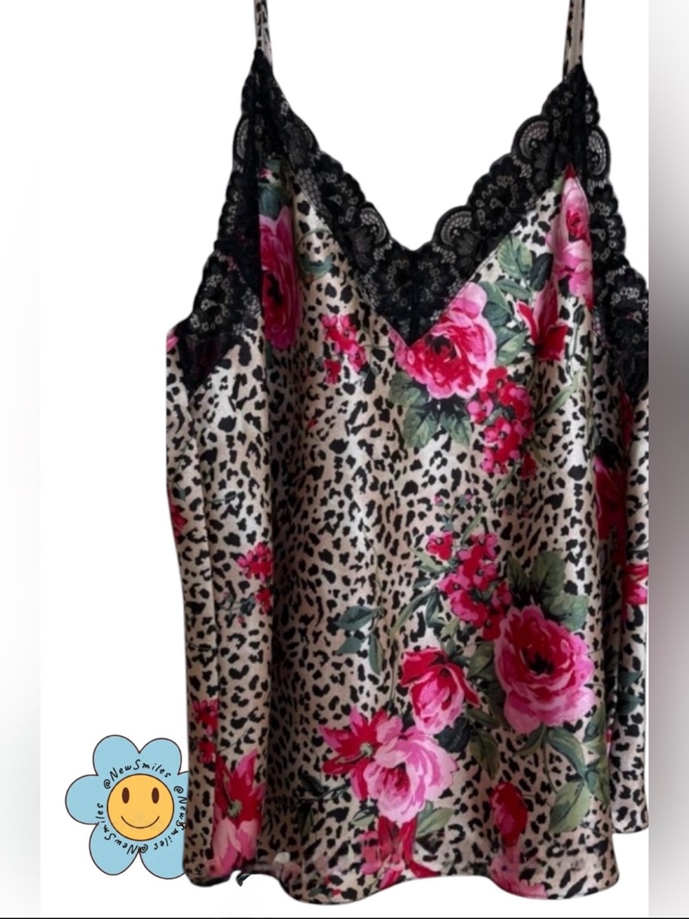 Linea Donatella ~Satin Cami ~Leopard & Floral ~Black Lace Trim w/ Vibrant Colors